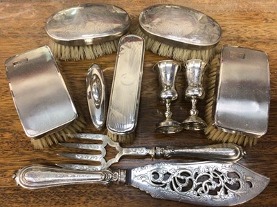 Lot 685 - Pair Chinese silver backed brushes, other silver brushes, pair silver vases etc