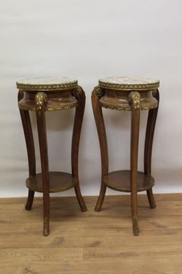 Lot 1293 - Pair of Louis XV style French beech gilt metal mounted and marble topped stands