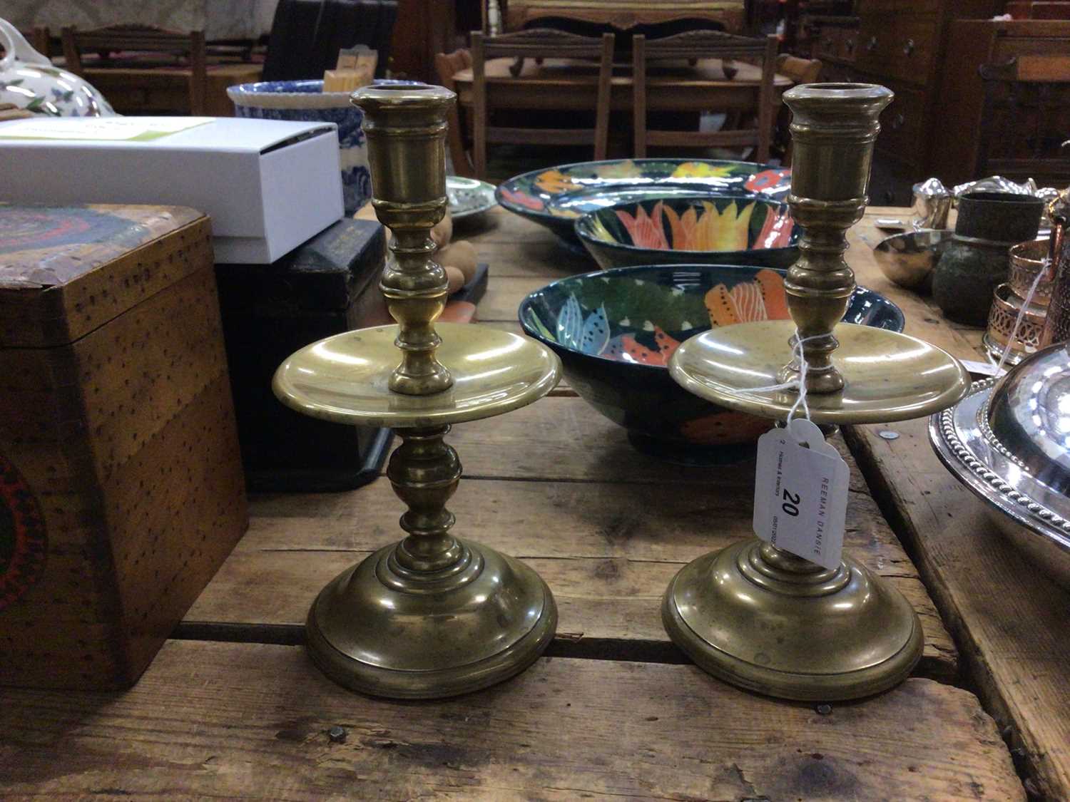Lot 20 - Good pair of 17th century style brass candlesticks with wide drip pans, 20cm high
