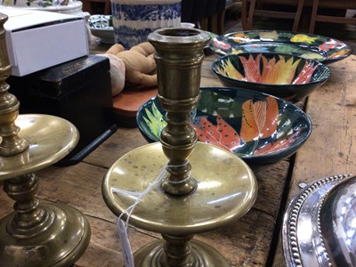 Lot 20 - Good pair of 17th century style brass candlesticks with wide drip pans, 20cm high