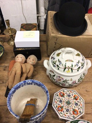 Lot 21 - Sundry items, including a Portmeirion casserole, Herbert Johnson bowler hat, Spode, Turkish coffee set, dolls, alphabet blocks, other boxes, etc