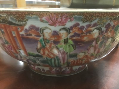 Lot 162 - 18th century Chinese Canton enamel punch bowl, together with Staffordshire figures and Italian ceramic model of a cockatoo