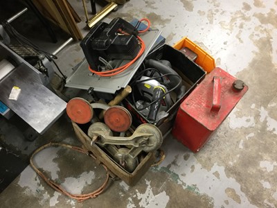 Lot 335 - Black and Decker circular saw in box, Bosch saw bench, vintage fuel can and other tools