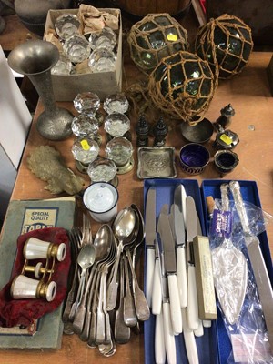 Lot 423 - Plated cutlery, cruets, pair mother of pearl opera glasses, crystal door knobs and other items