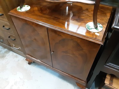 Lot 1003 - Walnut two door cabinet with shelved interior on cabriole feet, 76.5cm wide, 47cm deep, 76.5cm high