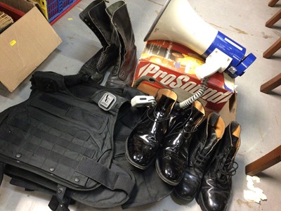 Lot 432 - Pair Sanders black patent boots with spurs, two other pairs of black leather boots, three stab vests and a Pro Sound megaphone