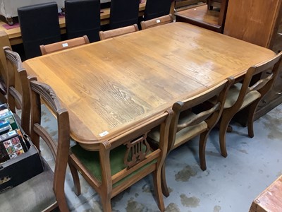 Lot 1007 - Twin pedestal dining table, set of dining chairs with pierced splat backs and green seats, plus a pair of similar chairs