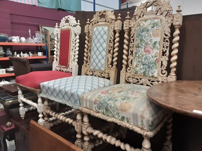 Lot 1014 - Set of four painted carved oak dining chairs with padded seats and backs and spiral twist supports