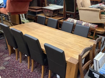 Lot 1021 - Good quality contemporary light oak dining table on chunky legs, 220cm x 100cm x 76cm high, together with a set of eight high back chairs