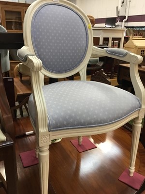 Lot 947 - Contemporary white painted framed elbow chair with pale blue upholstery