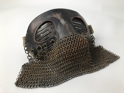 Lot 732 - Scarce First World War tank crew face mask of steel construction with leather covering, attached chain mail and cotton retaining tabs.