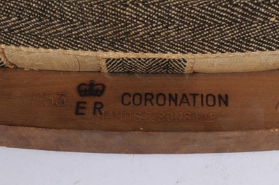 Lot 157 - The Coronation of H.M. Queen Elizabeth II 1953, Coronation chair with blue velvet upholstery and gold bullion embroidered Crowned ER II ciphers to back, limed oak frames with official stamps to bas...