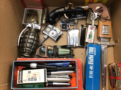 Lot 394 - Collection of novelty lighters, vintage tape recorder, badges, pins, various pens and sundries including adding machine with paper roll.