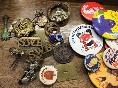 Lot 394 - Collection of novelty lighters, vintage tape recorder, badges, pins, various pens and sundries including adding machine with paper roll.