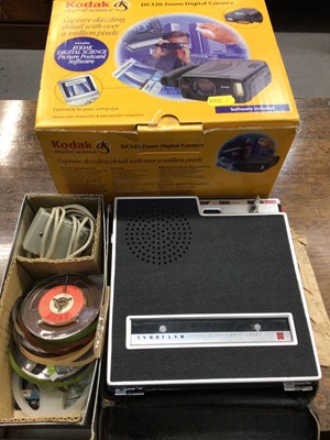 Lot 394 - Collection of novelty lighters, vintage tape recorder, badges, pins, various pens and sundries including adding machine with paper roll.