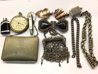 Lot 713 - Two watch chains, German mesh purse, one other plated purse, buckles, pocket watch and sundries