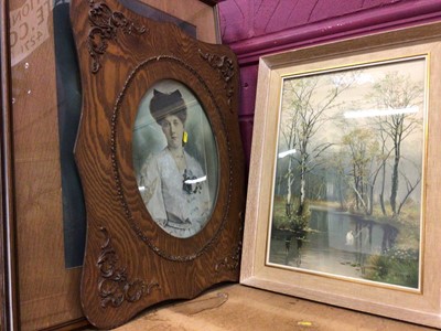 Lot 524 - Portrait of a lady in decorated wooden frame and family photograph, plus river scenes and other prints