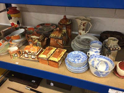 Lot 65 - Quantity of ceramics, including a continental fish-decorated service, Kensington Price cottage ware, Willow pattern china, etc, together with a box of stamps and stationery