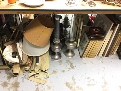 Lot 349 - Group of mixed items to include pictures, two oil lamps, military beds in canvas bags, dressing table mirror and sundries