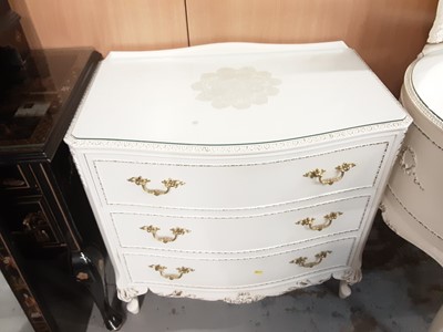 Lot 1036 - French style cream and gilt bedroom suite comprising chest of three drawers, 77.5cm wide, 48cm deep, 77cm high, dressing table with triple mirror back and five drawers below, stool and a pair of th...