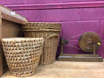 Lot 530 - Wooden spinning wheel, wicker laundry basket, woven bin and woven sewing boxes