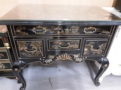 Lot 1037 - Oriental black lacquered lowboy with chinoiserie decoration, with four drawers below, 86cm wide, 51cm deep, 76.5cm high