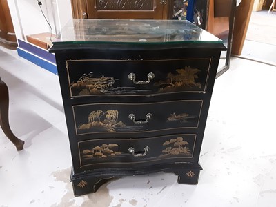 Lot 1038 - Oriental black lacquered chest of three drawers with chinoiserie decoration, 56cm wide, 41cm deep, 67cm high