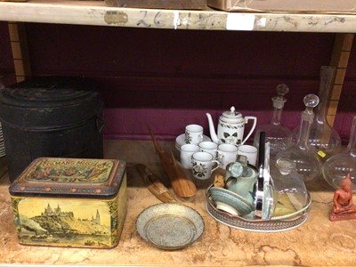 Lot 531 - Colman's Mustard advertising tin, metal hat box, Royal Worcester coffee set, magnifying glasses and glass decanters