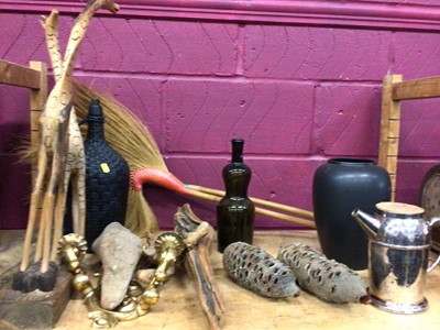 Lot 534 - African cane brushes, parasol, wooden giraffes, drift wood, bottles and vase