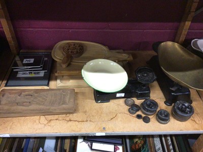 Lot 536 - Two sets of scales, cheese and bread boards and wooden moulds