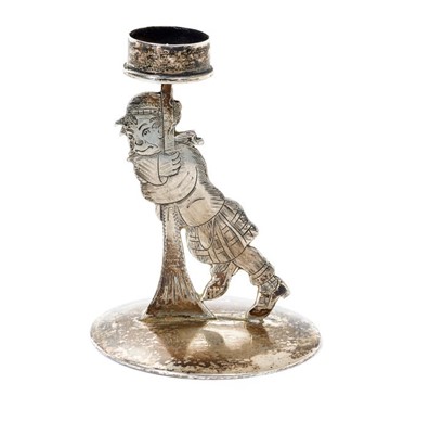 Lot 355 - Unusual Edwardian silver taper stick in the form of a drunken Scotsman clutching a lamp post
