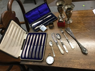 Lot 689 - Pair of silver spill vases, cased set of six silver handled tea knives, silver cased open faced fob watch and other silver and plated ware.