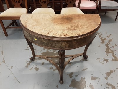 Lot 833 - Good quality 1920's Queen Anne revival walnut veneered demi lune card table with foldover top on carved cabriole legs, 92cm wide, 77cm high, opening to 91cm diameter