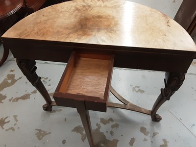 Lot 833 - Good quality 1920's Queen Anne revival walnut veneered demi lune card table with foldover top on carved cabriole legs, 92cm wide, 77cm high, opening to 91cm diameter