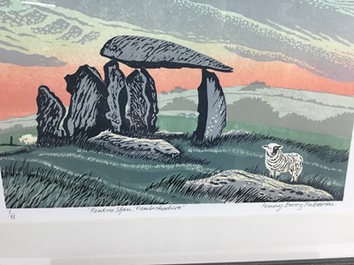 Lot 175 - Penny Berry Paterson (1941-2021) six prints and one watercolour - original signed linocut 'November' , image 36cm x 21cm, in glazed frame; linocut - Sheep in the Snow, signed and numbered 10/20, im...