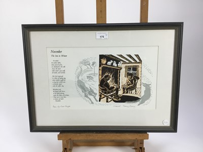 Lot 175 - Penny Berry Paterson (1941-2021) six prints and one watercolour - original signed linocut 'November' , image 36cm x 21cm, in glazed frame; linocut - Sheep in the Snow, signed and numbered 10/20, im...