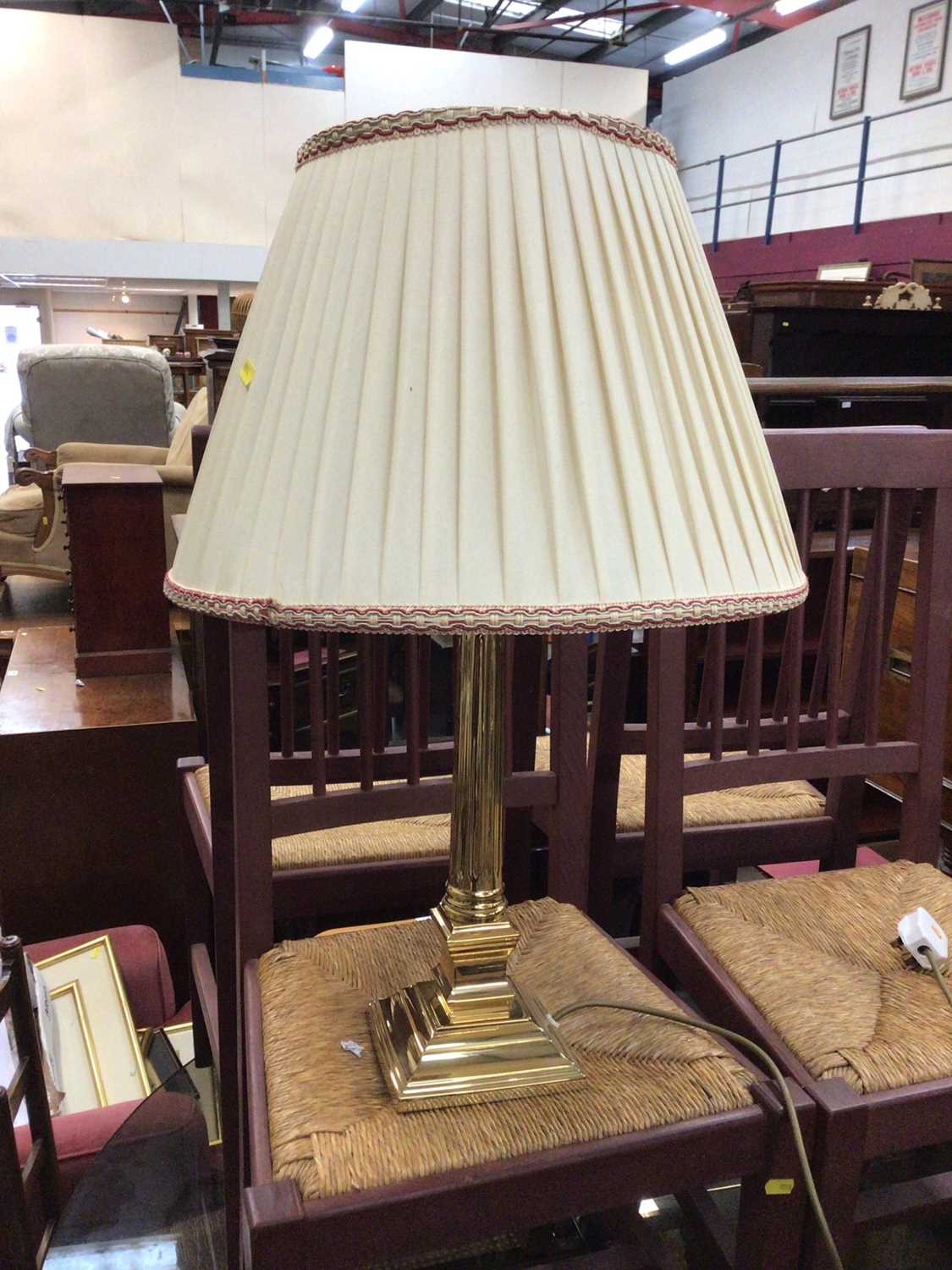 Lot 89 - Brass column lamp and shade, 70cm total height