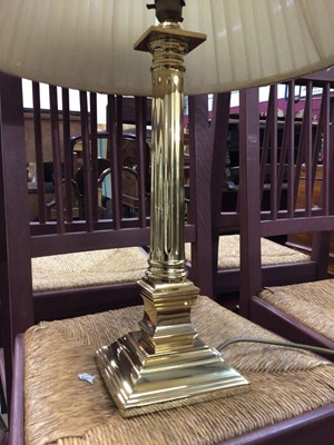 Lot 89 - Brass column lamp and shade, 70cm total height