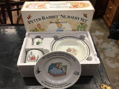 Lot 547 - Wedgwood Peter Rabbit 4 piece Nursery Set Royal Doulton Playful Snowman mug