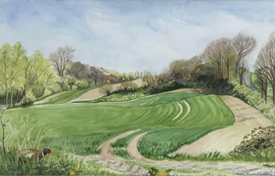 Lot 178 - Penny Berry Paterson (1941-2021) four watercolour landscapes - Spring Greens Gestingthorpe, signed, 48cm x 31cm, in glazed frame; Flax Field near Twinstead Sudbury, signed, 39cm x 28cm, in glazed f...