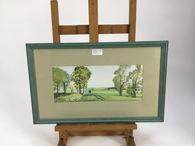 Lot 178 - Penny Berry Paterson (1941-2021) four watercolour landscapes - Spring Greens Gestingthorpe, signed, 48cm x 31cm, in glazed frame; Flax Field near Twinstead Sudbury, signed, 39cm x 28cm, in glazed f...