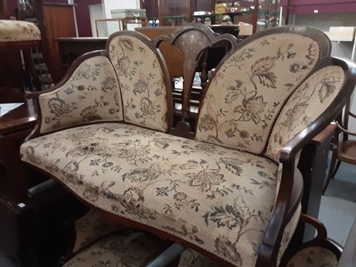 Lot 827 - Good quality mahogany framed salon suite with floral tapestry upholstery, comprising two seater sofa, pair of tub chairs, and four salon chairs