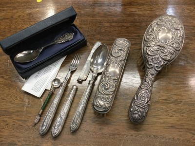 Lot 698 - Two silver backed brushes, Victorian silver three piece christening set, silver spoon in fitted case.