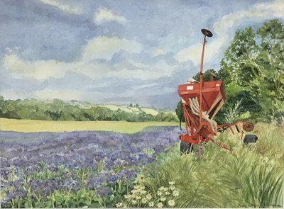 Lot 179 - Penny Berry Paterson (1941-2021) six watercolours - Big Red Sowing Machine Middleton Sudbury, signed, image 59cm x 44cm, in glazed frame; The Red Machine Middleton, signed, image 39cm x 29cm, in g...