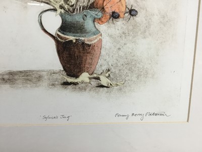 Lot 180 - Penny Berry Paterson (1941-2021) three works - hand-coloured drypoint - Sylvia's Jug, signed and numbered 1/4, 26cm x 32cm, in glazed frame; watercolour - Spindleberries, signed and dated Nov '82,...