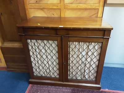 Lot 825 - Nineteenth century mahogany chiffonier, with tablet frieze enclosed by a pair of grille doors, on plinth base, 100cm wide, 50cm deep, 91cm high