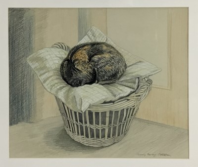 Lot 181 - Penny Berry Paterson (1941-2021) five works - pencil and watercolour drawing of cat in laundry basket, signed, 38cm x 32cm, in glazed frame; another of a Collie dog, signed, 32cm x 22cm, in glazed...