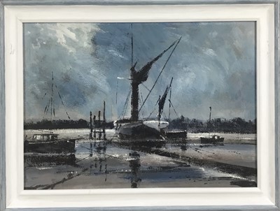 Lot 182 - Four pictures - Attributed to Ken Cuthbert, oil on canvas board - harbour scene, 35cm x 25cm, framed; Jill Crown - screen print - Brightlingsea Promenade, signed and numbered 6/24