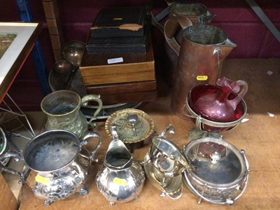 Lot 556 - Selection of plated ware and metal trunk and jardiniere together with box of glasses