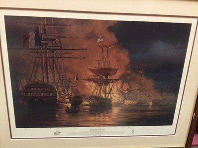 Lot 559 - Two limited edition Naval Battle scenes "Trafalgar" and "Nile", plus Spitfire in flight by Barrie A.F.Clark, The Swordfish attack at Taranto signed by Robert Taylor and a selection of smaller pictu...